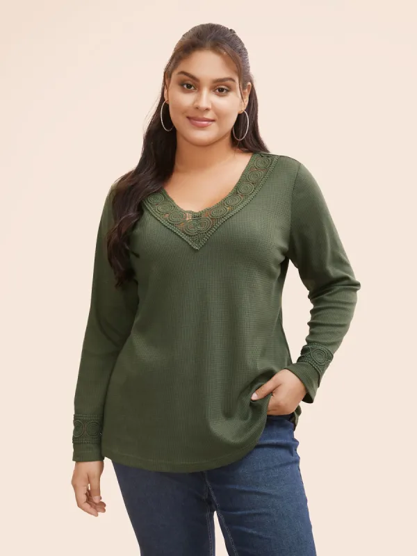 V Neck Waffle Knit Lace Patchwork T-shirt sold by Bloomchic