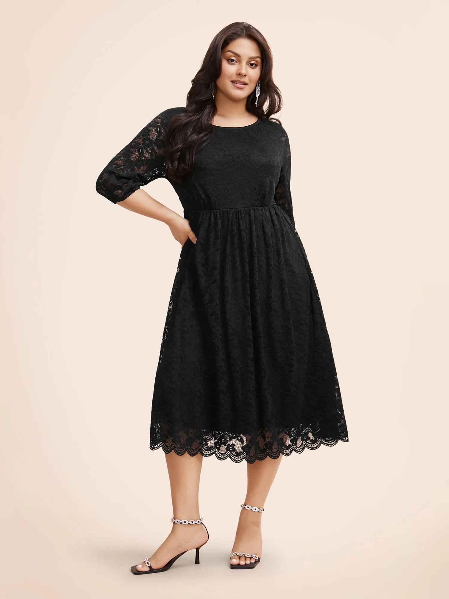 Round Neck Crochet Lace Mesh Midi Dress sold by Bloomchic product image thumbnail 3