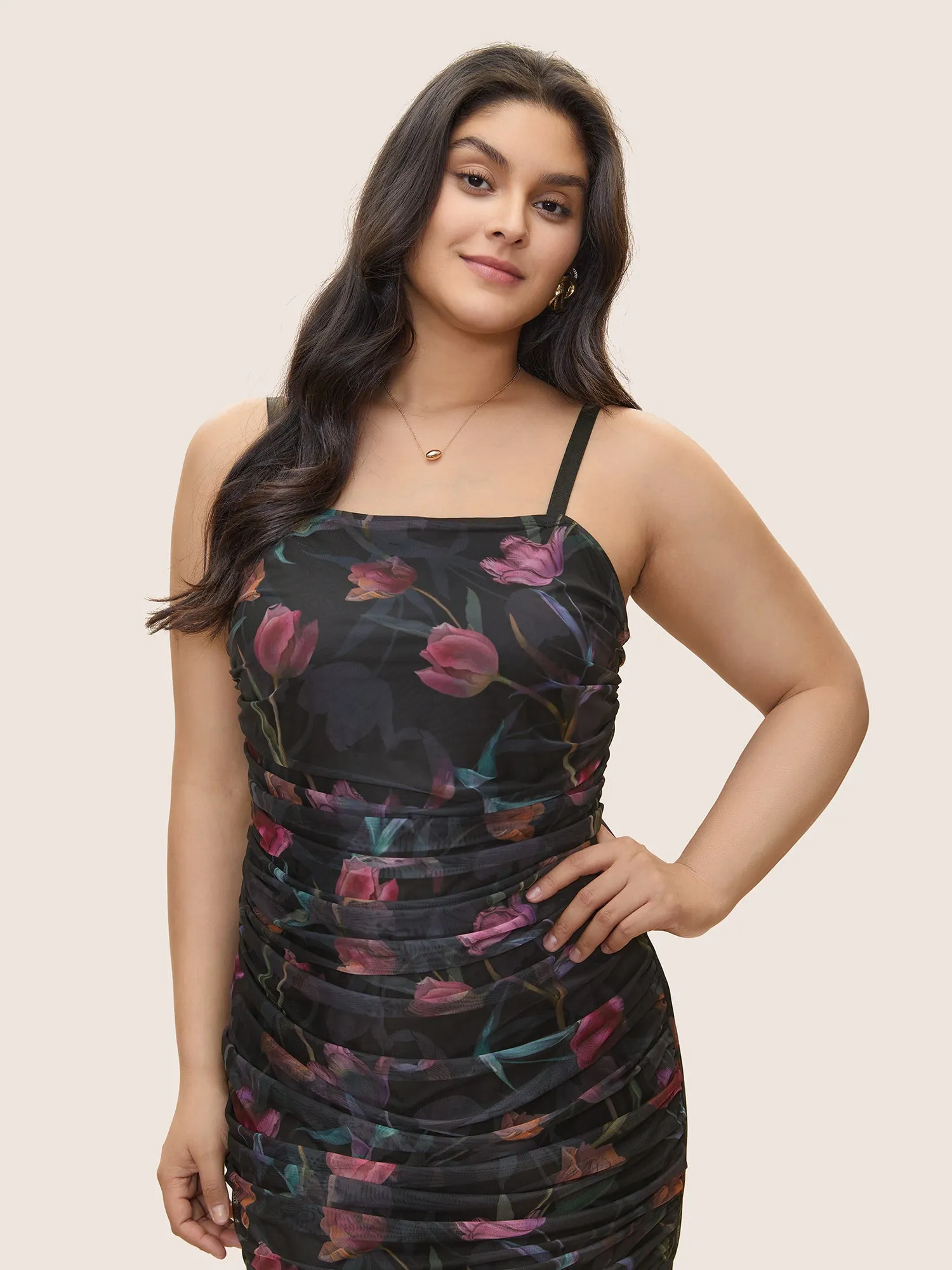 Floral Mesh Ruched Split Hem Cami Bodycon Dress sold by Bloomchic product image thumbnail 4