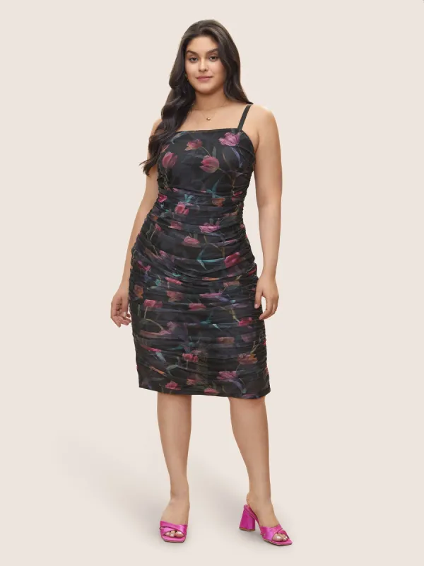 Floral Mesh Ruched Split Hem Cami Bodycon Dress sold by Bloomchic