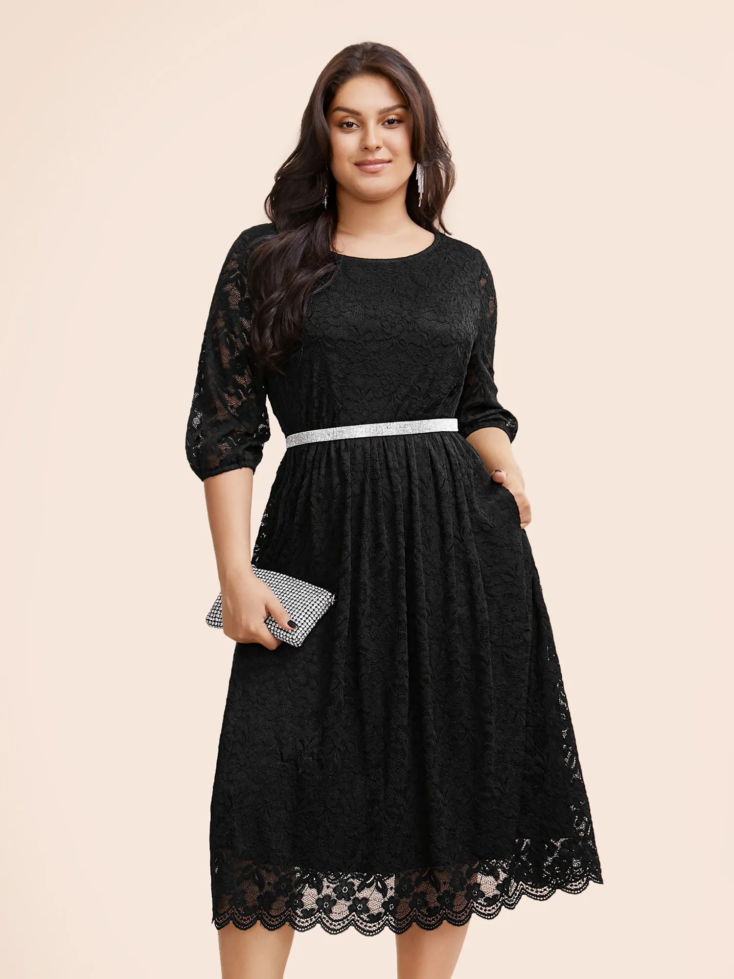 Round Neck Crochet Lace Mesh Midi Dress sold by Bloomchic