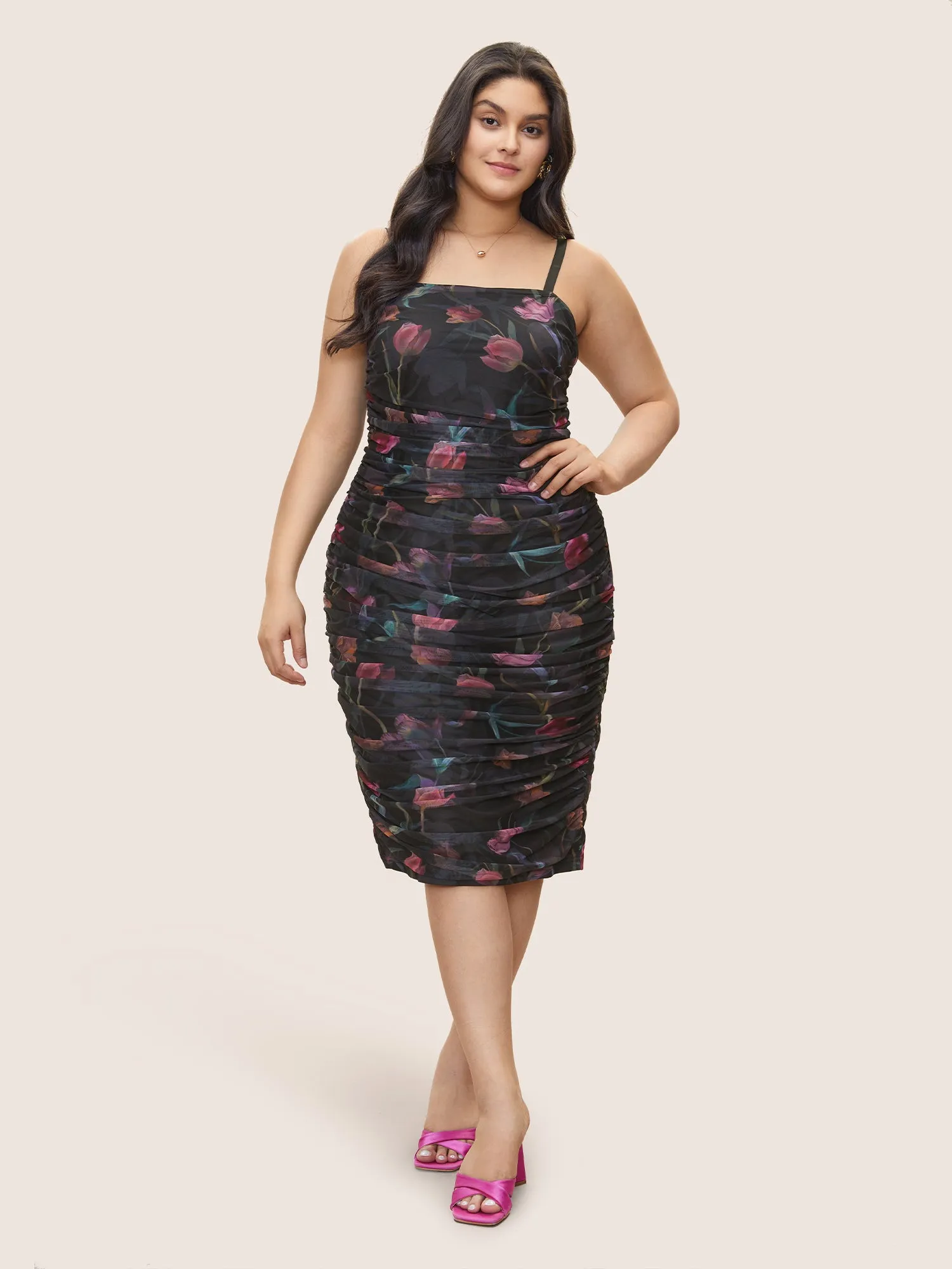 Floral Mesh Ruched Split Hem Cami Bodycon Dress sold by Bloomchic product image thumbnail 2