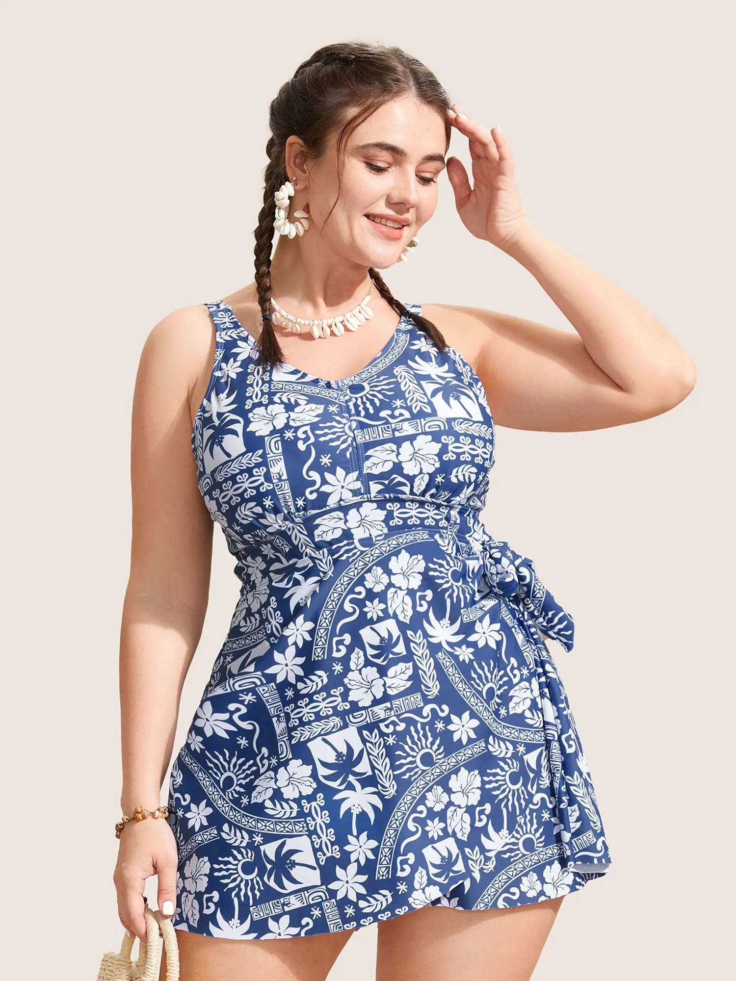 Tropical Print Gathered Tie Knot Swim Dress sold by Bloomchic