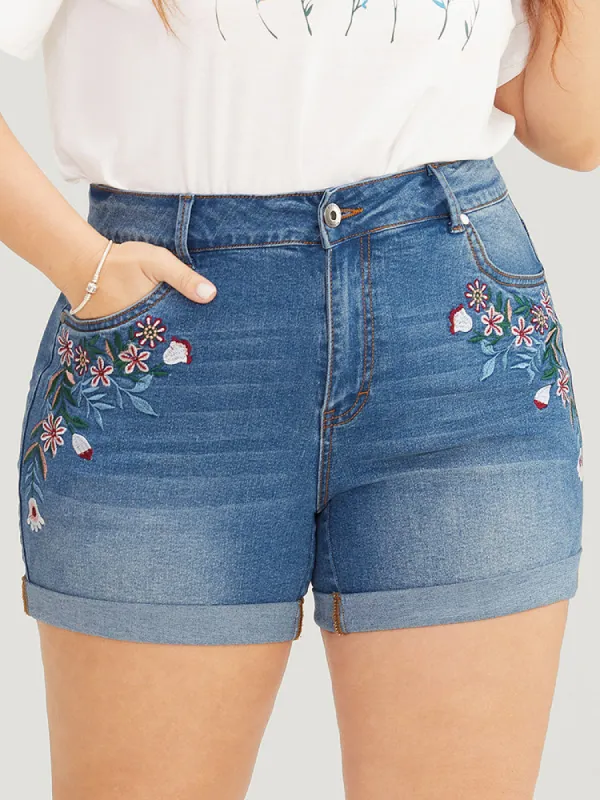 Slightly Stretchy Light Wash Floral Embroidered Roll Hem Denim Shorts sold by Bloomchic