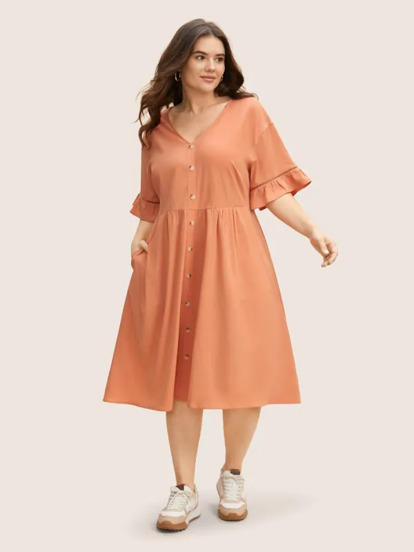 Solid Button Detail Cut Out Ruffle Sleeve Dress sold by Bloomchic