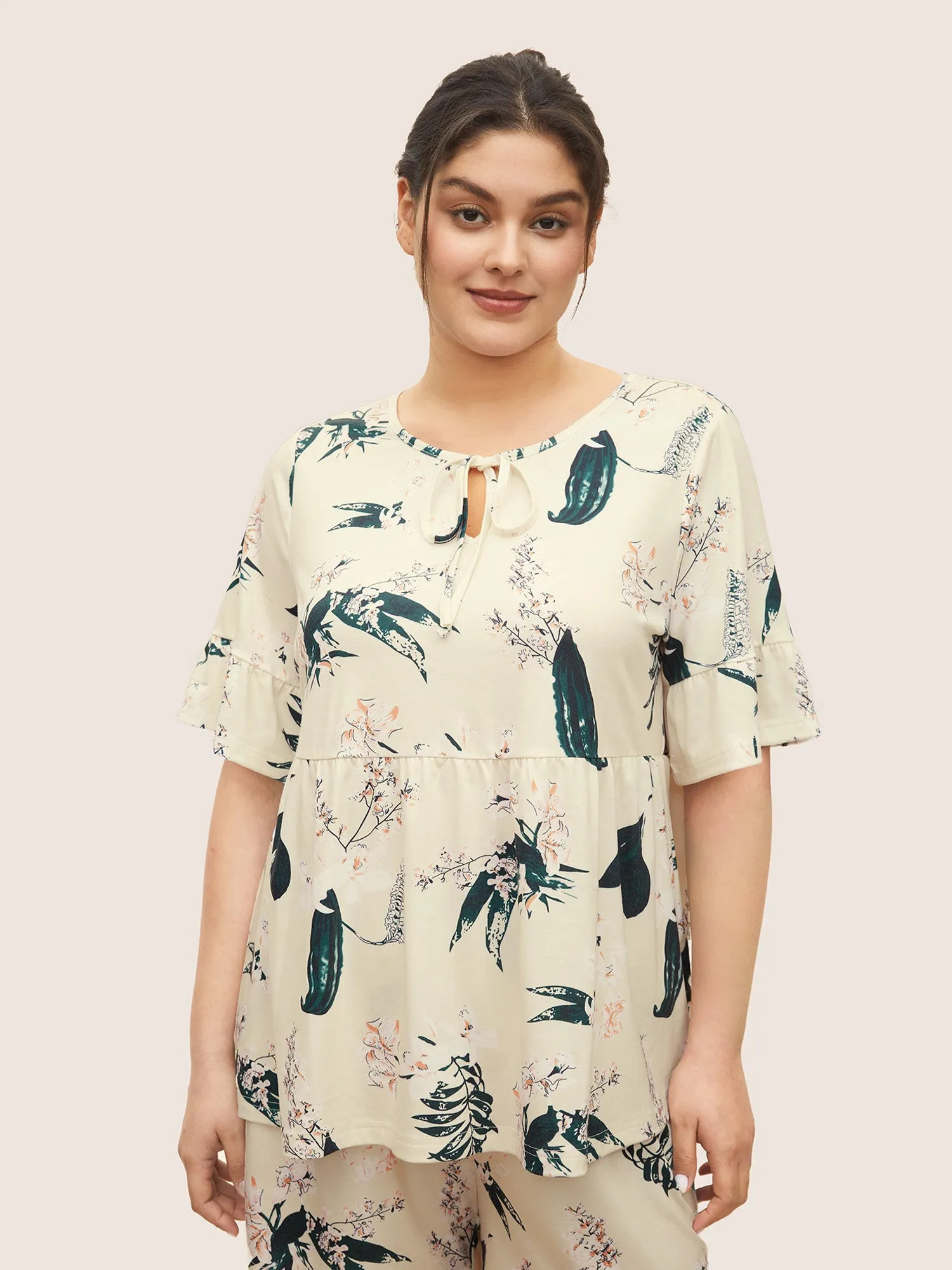 Plants Print Knot Ties Gathered Pajama Sets sold by Bloomchic