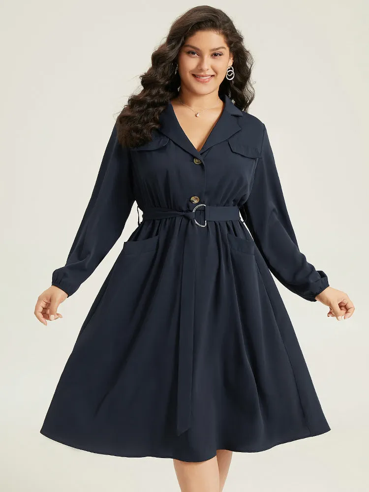 Anti-Wrinkle Suit Collar Pocket Belted Shirt Dress sold by Bloomchic