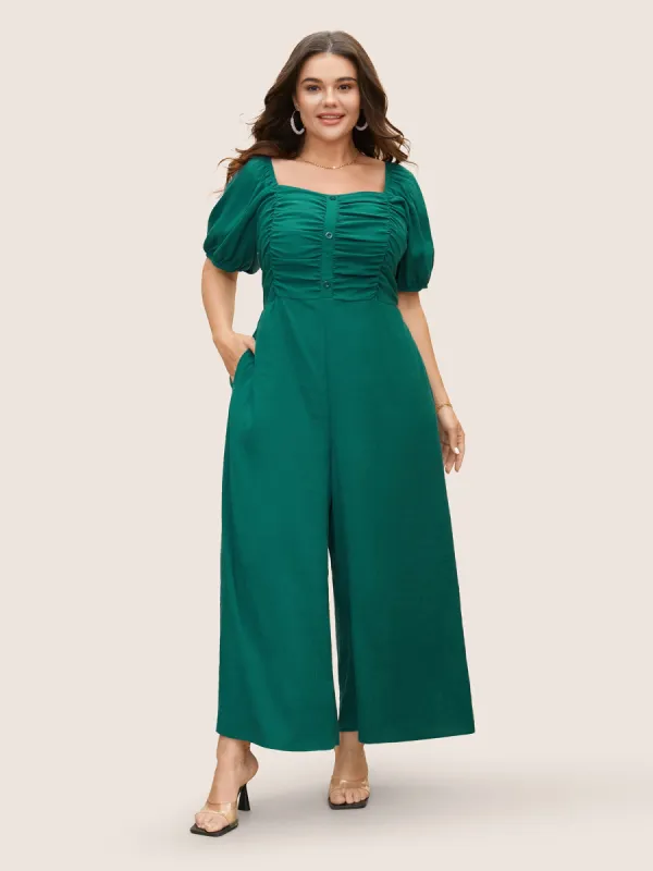 Heart Neckline Lantern Sleeve Ruched Jumpsuit sold by Bloomchic
