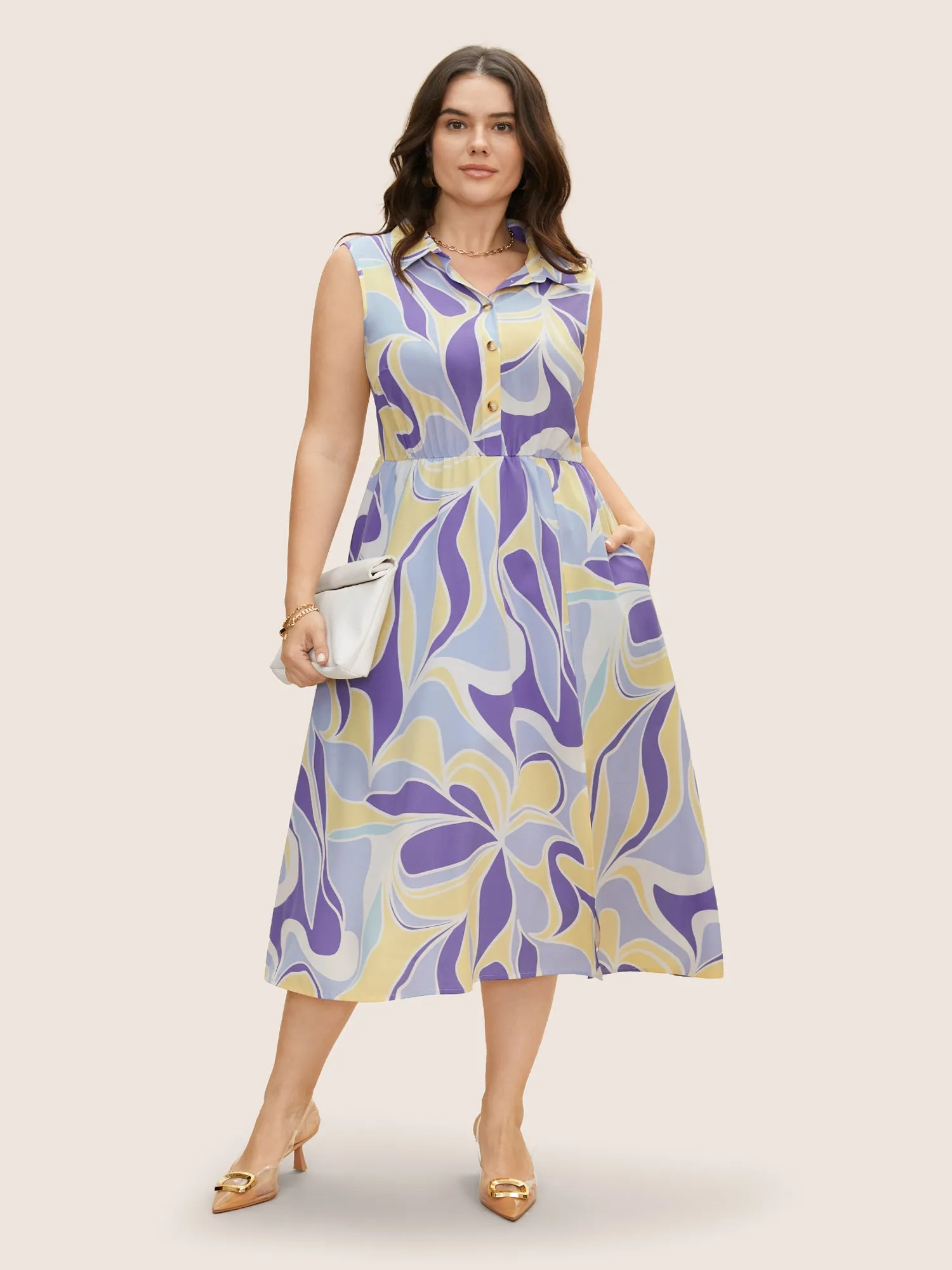 Geometric Elastic Waist Button Up Tank Dress sold by Bloomchic product image thumbnail 2