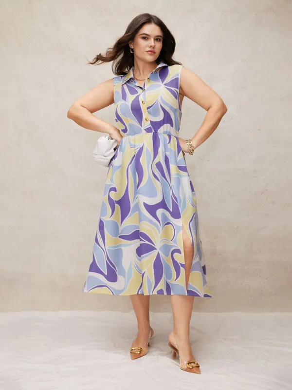 Geometric Elastic Waist Button Up Tank Dress sold by Bloomchic