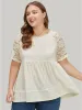 Plain Pompom Trim Lace Sleeve Broderie Anglaise T-shirt sold by Bloomchic