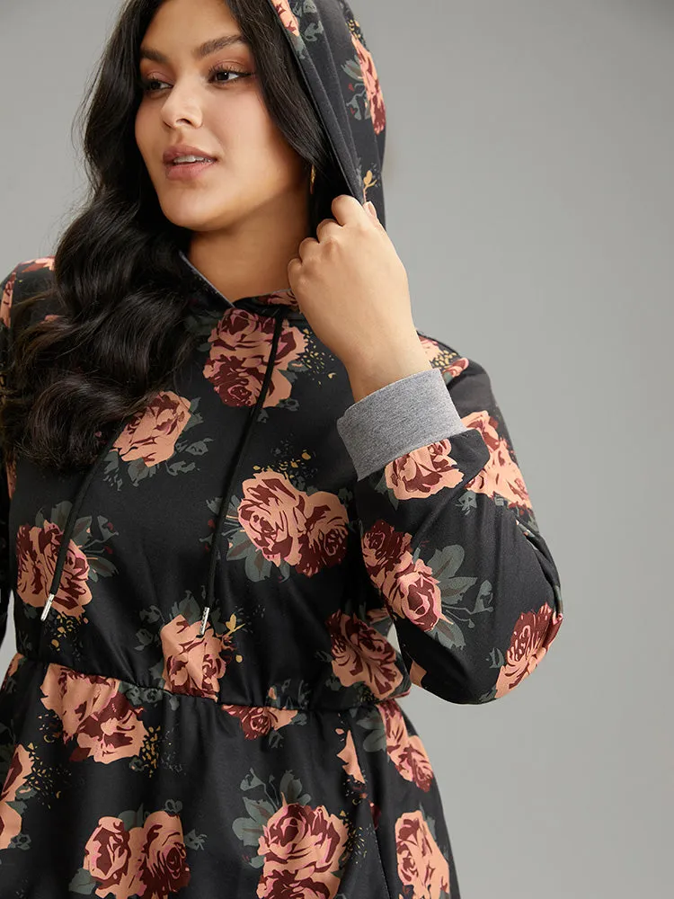 Floral Elastic Waist Hooded Drawstring Pocket Dress sold by Bloomchic product image thumbnail 4