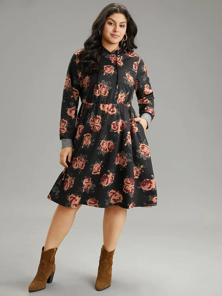 Floral Elastic Waist Hooded Drawstring Pocket Dress sold by Bloomchic