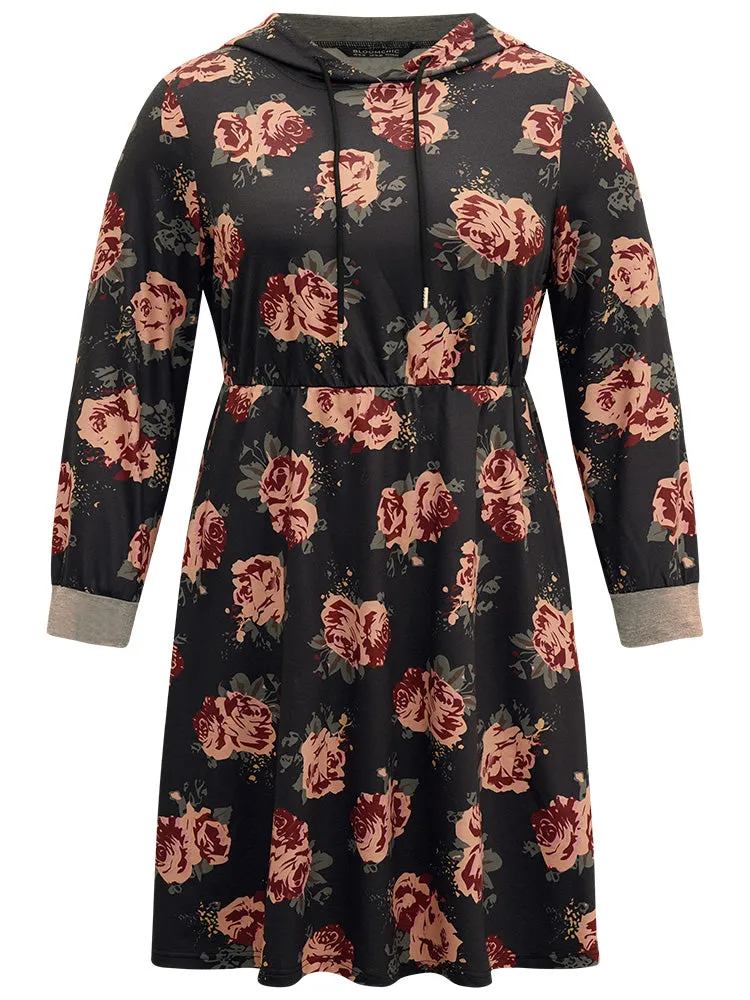 Floral Elastic Waist Hooded Drawstring Pocket Dress sold by Bloomchic product image thumbnail 5