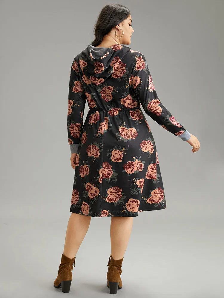 Floral Elastic Waist Hooded Drawstring Pocket Dress sold by Bloomchic product image thumbnail 2
