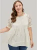 Plain Pompom Trim Lace Sleeve Broderie Anglaise T-shirt sold by Bloomchic