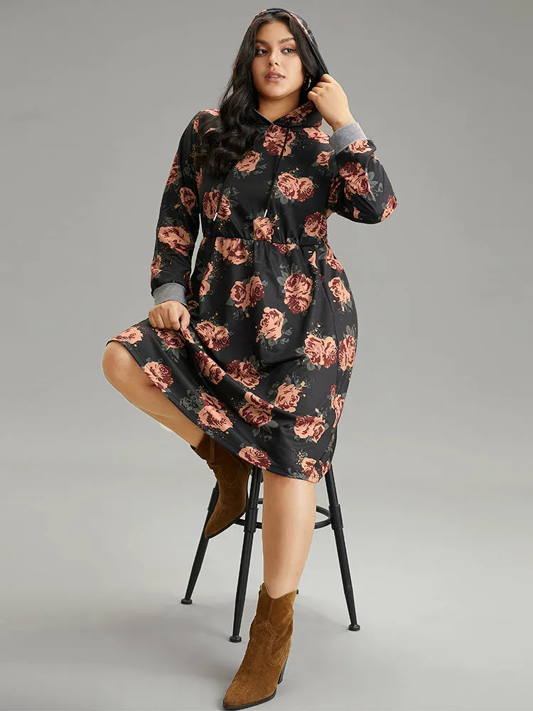 Floral Elastic Waist Hooded Drawstring Pocket Dress sold by Bloomchic product image thumbnail 3