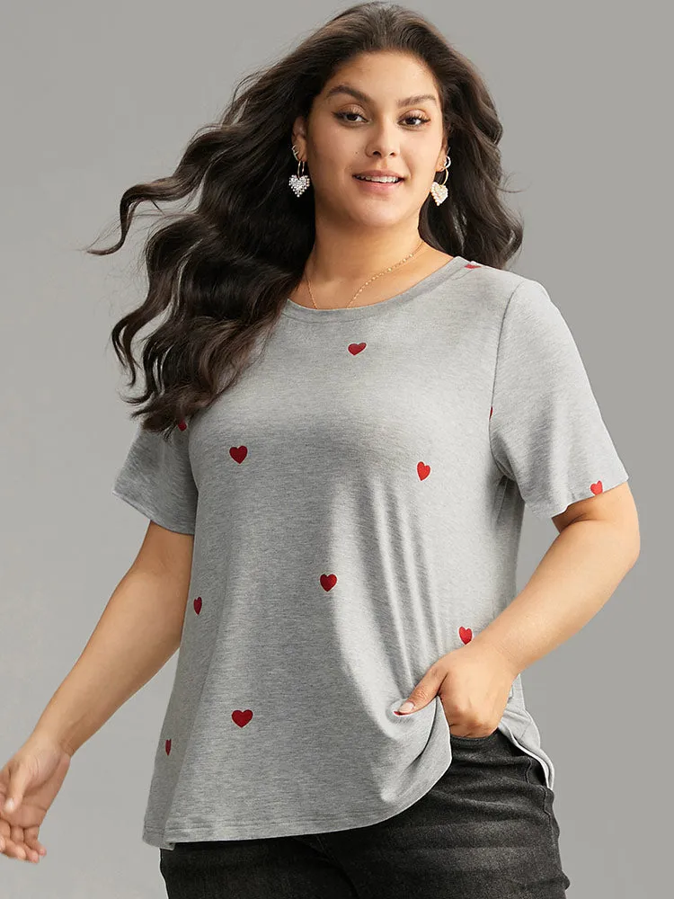 Heart Print Crew Neck T-shirt sold by Bloomchic