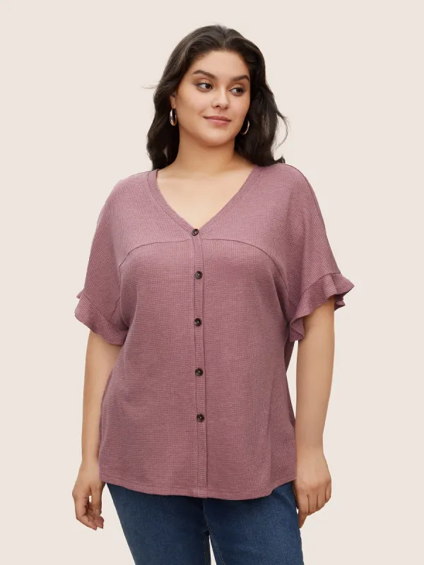 Waffle Knit Button Detail Ruffle Trim T-shirt sold by Bloomchic