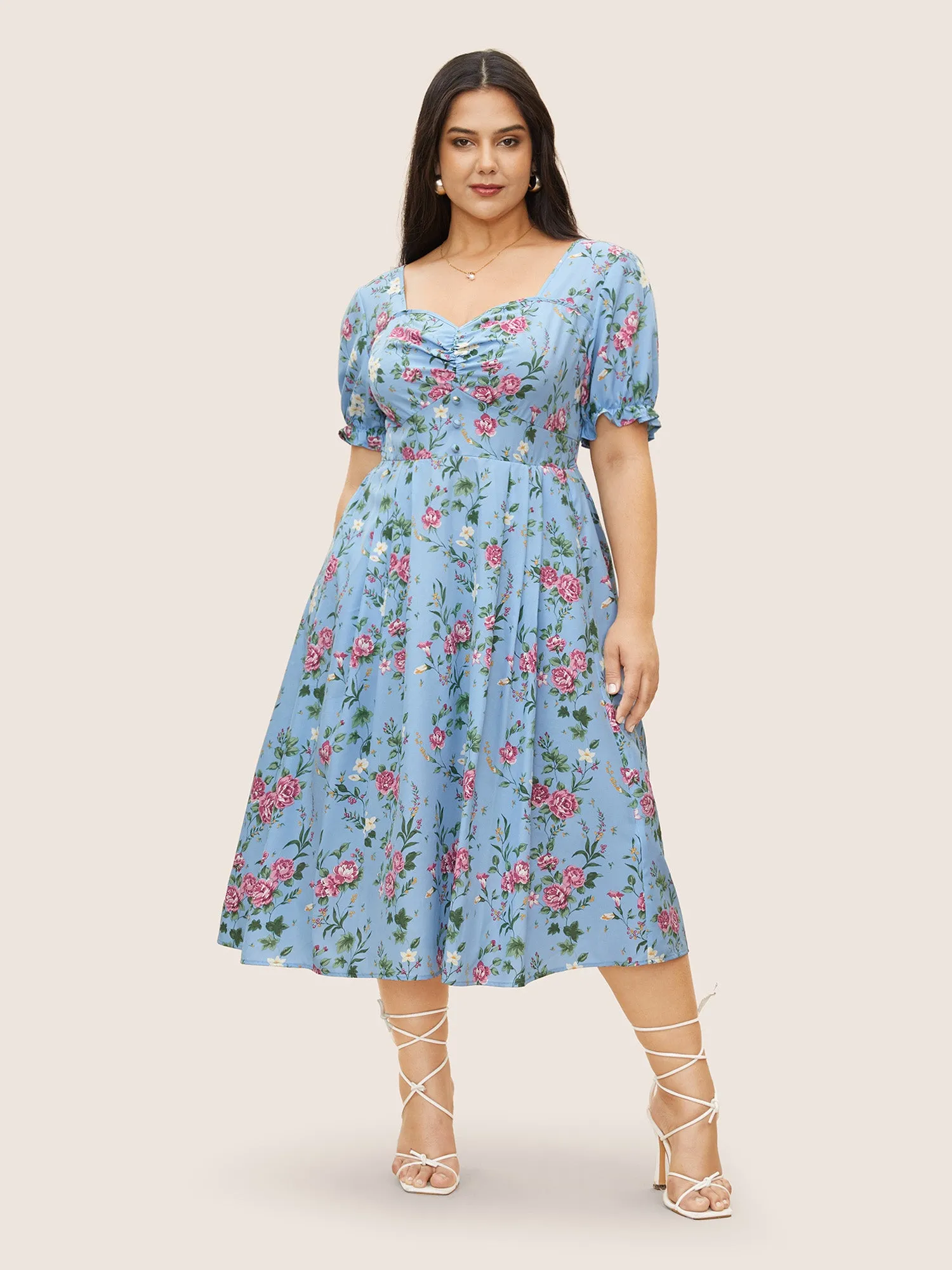 Floral Heart Neckline Shirred Lantern Sleeve Dress sold by Bloomchic product image thumbnail 2