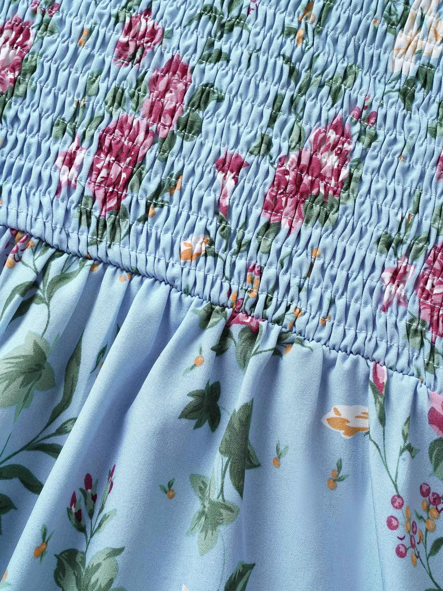 Floral Heart Neckline Shirred Lantern Sleeve Dress sold by Bloomchic product image thumbnail 5