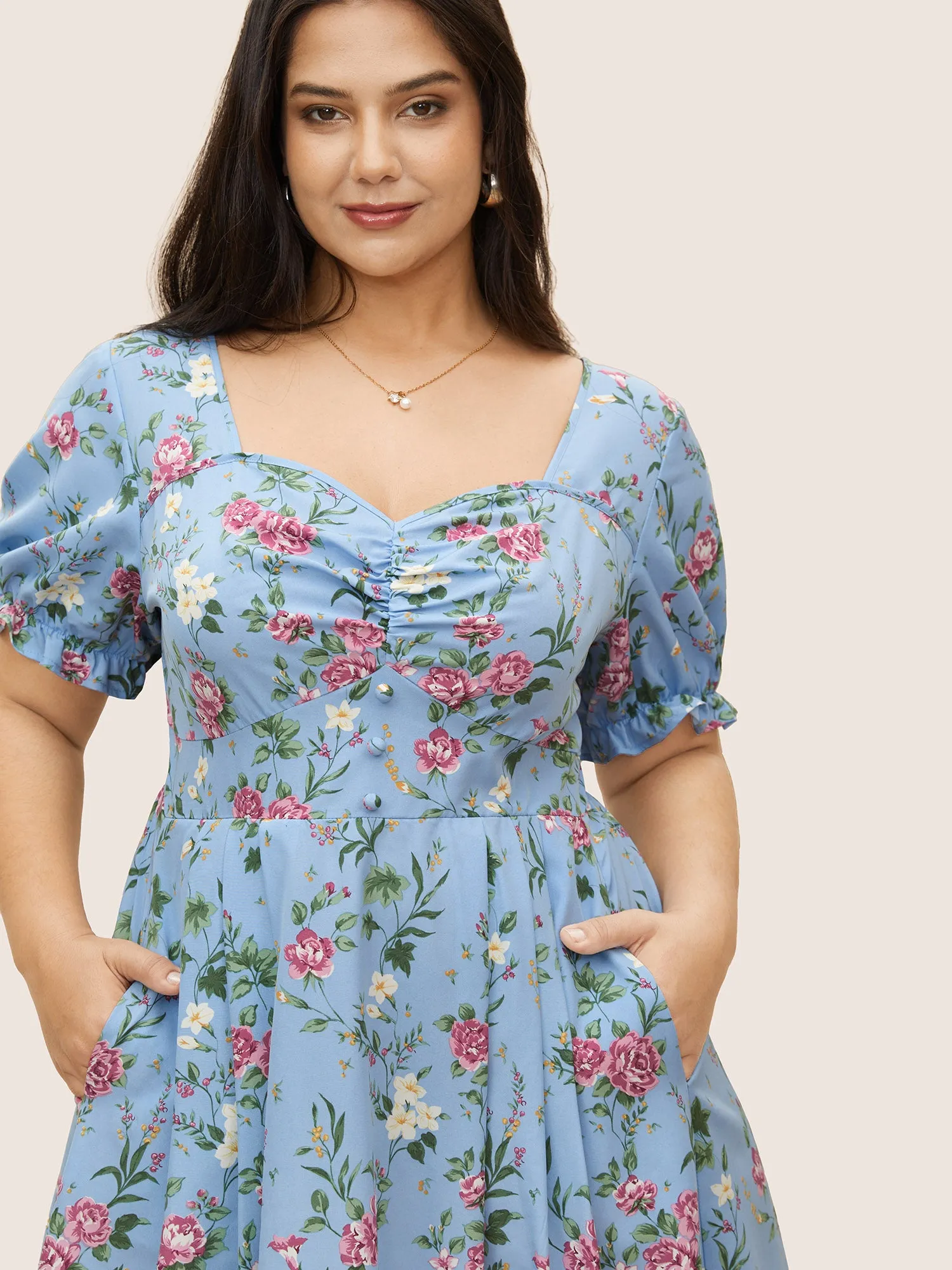 Floral Heart Neckline Shirred Lantern Sleeve Dress sold by Bloomchic product image thumbnail 4