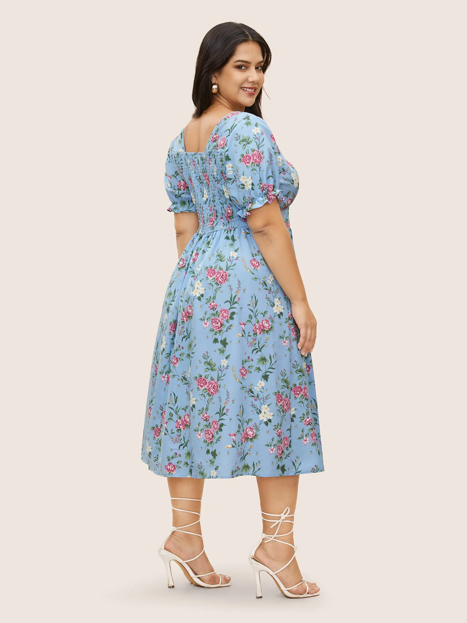 Floral Heart Neckline Shirred Lantern Sleeve Dress sold by Bloomchic product image thumbnail 3