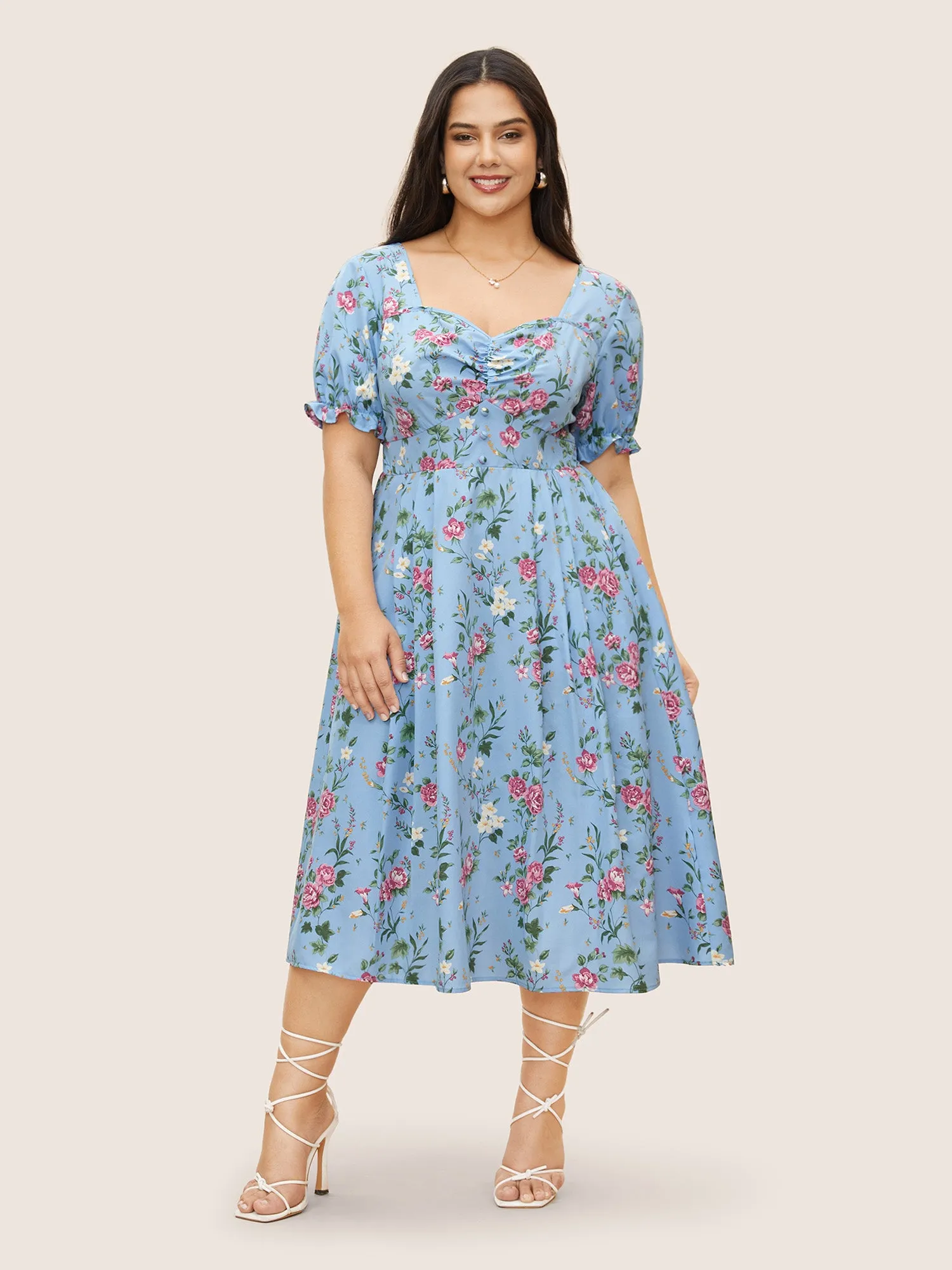 Floral Heart Neckline Shirred Lantern Sleeve Dress sold by Bloomchic