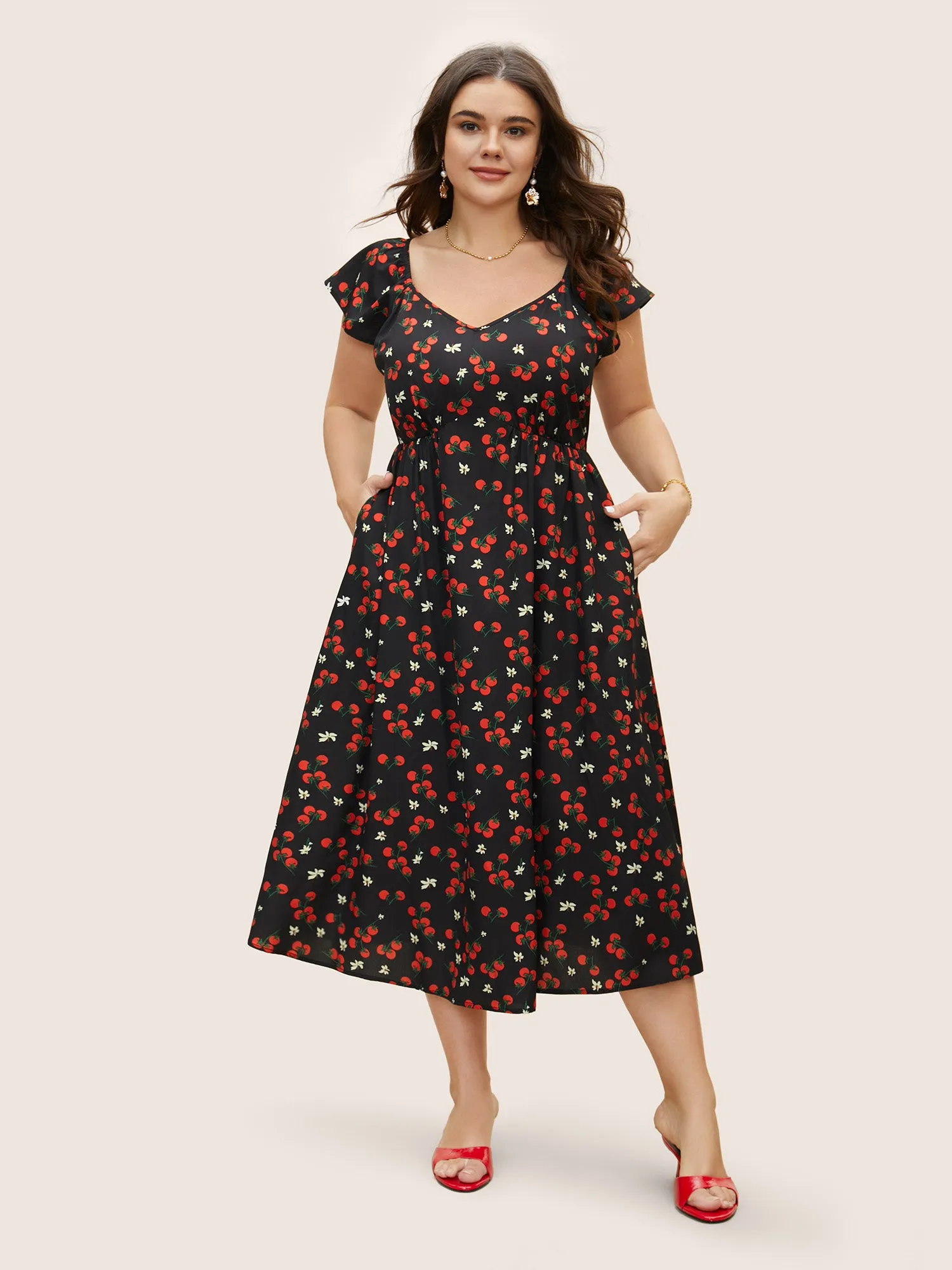 Tomato Print Heart Neckline Ruffle Cap Sleeve Dress sold by Bloomchic