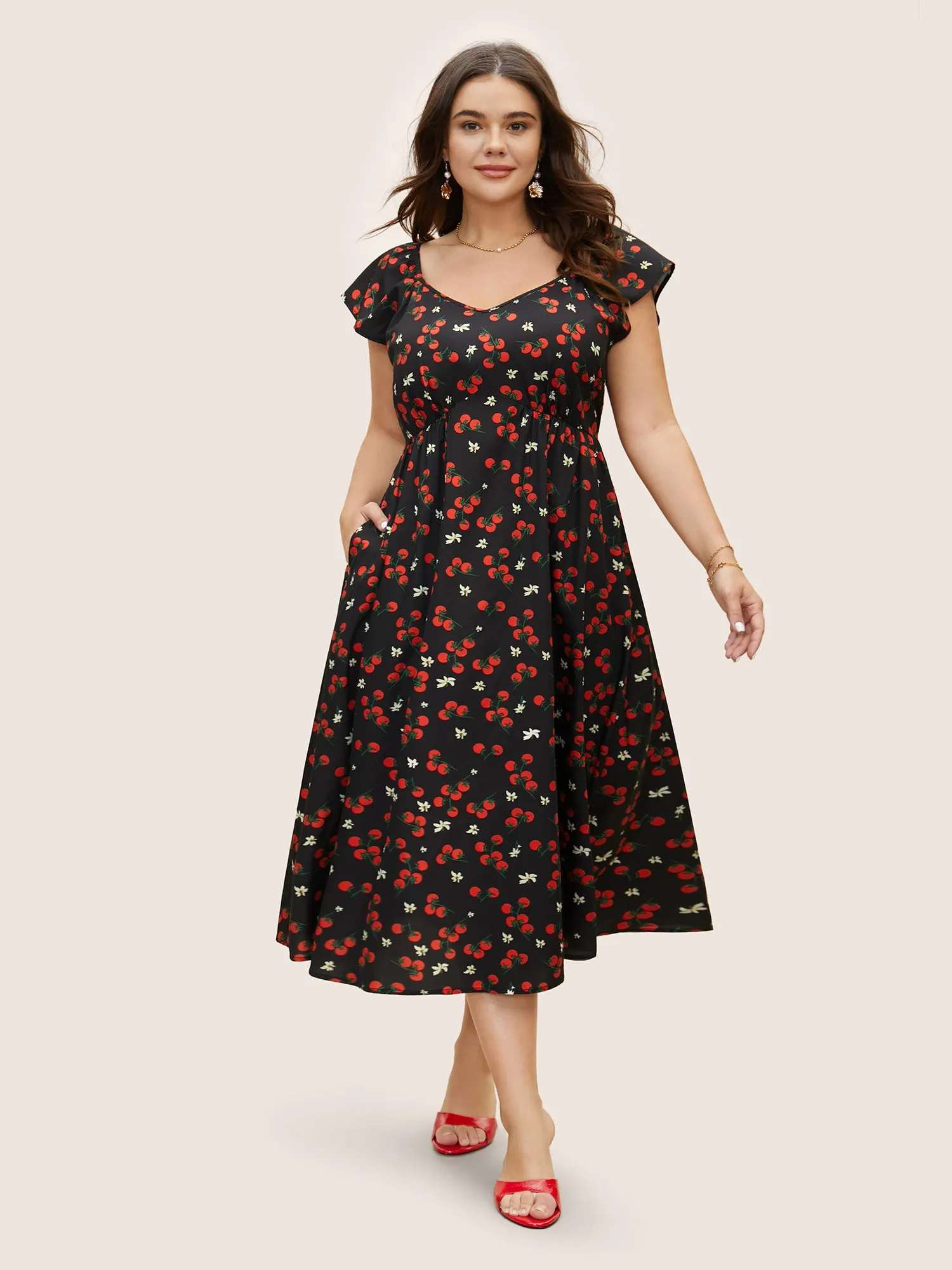 Tomato Print Heart Neckline Ruffle Cap Sleeve Dress sold by Bloomchic product image thumbnail 2