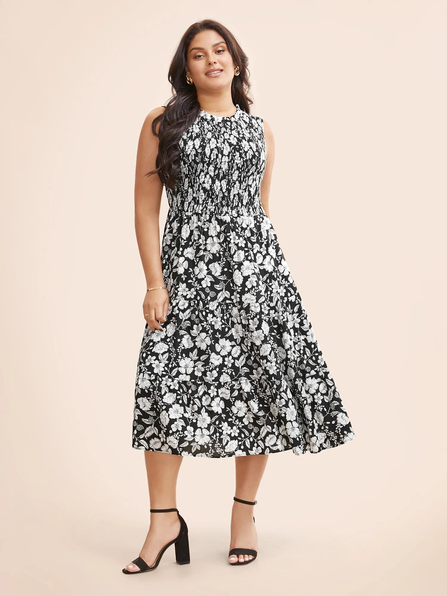Floral Print Shirred Sleeveless Midi Dress sold by Bloomchic