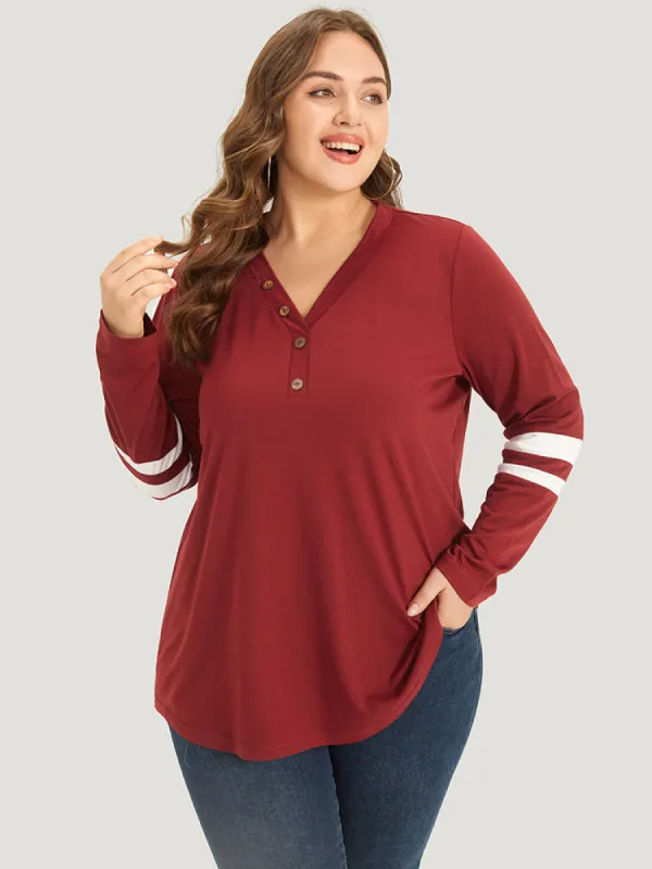 Striped Contrast Button Detail V Neck T-shirt sold by Bloomchic