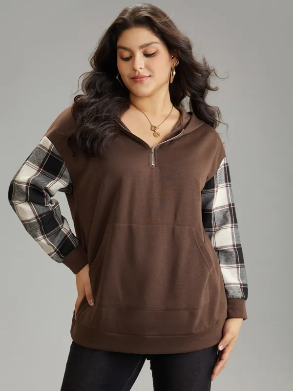 Plaid Patchwork Half Zip Pocket Hooded Sweatshirt sold by Bloomchic