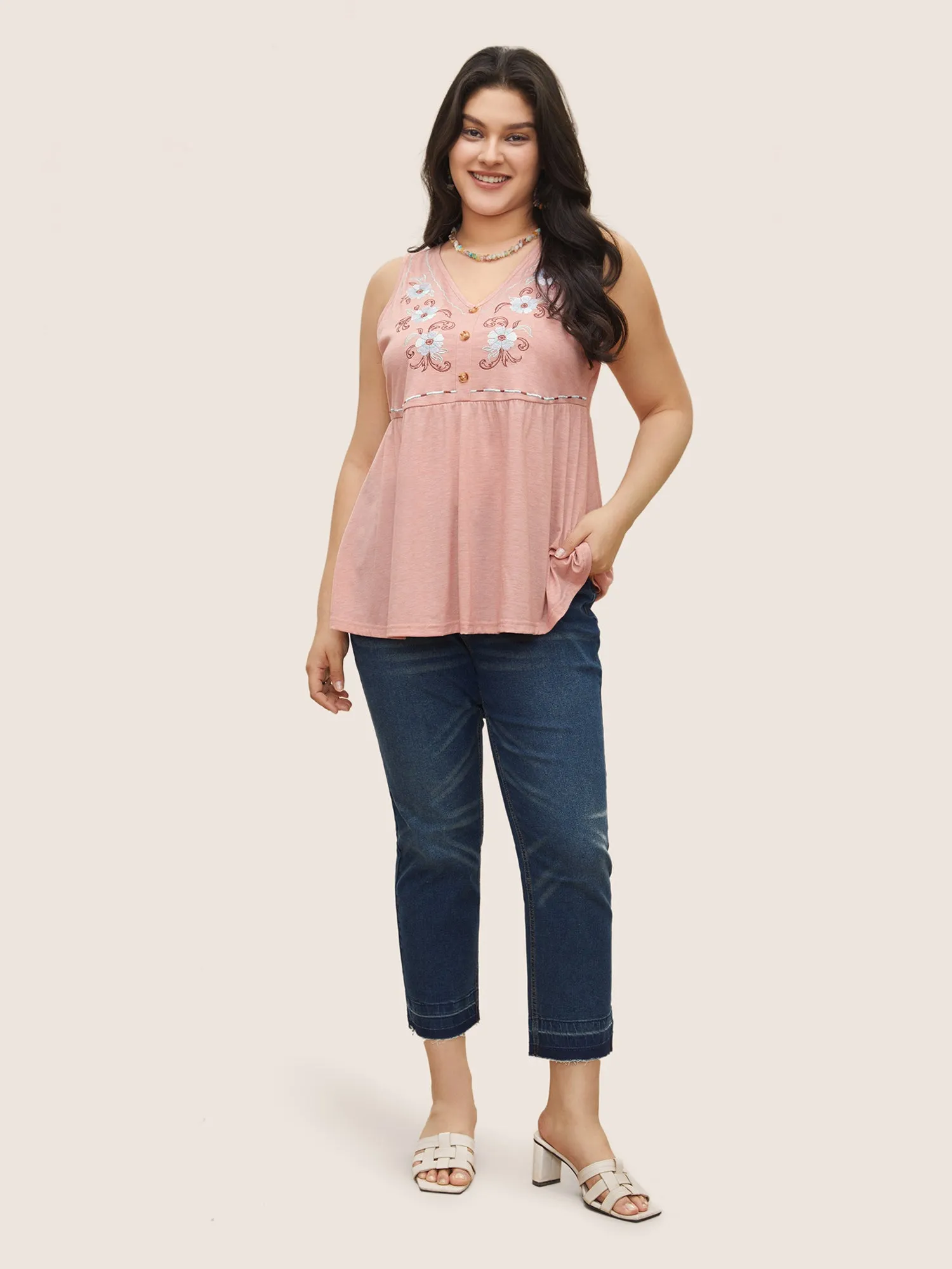 Floral Embroidered Button Detail Tank Top sold by Bloomchic product image thumbnail 3