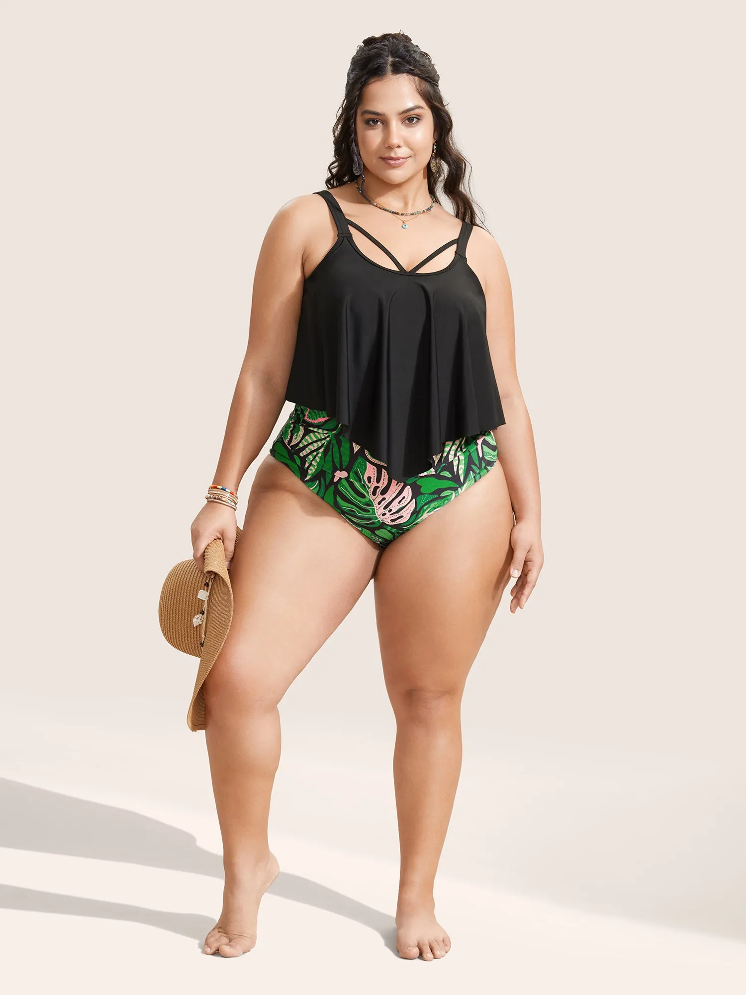 Tropical Print Patchwork Crisscross One Piece Swimsuit sold by Bloomchic product image thumbnail 2