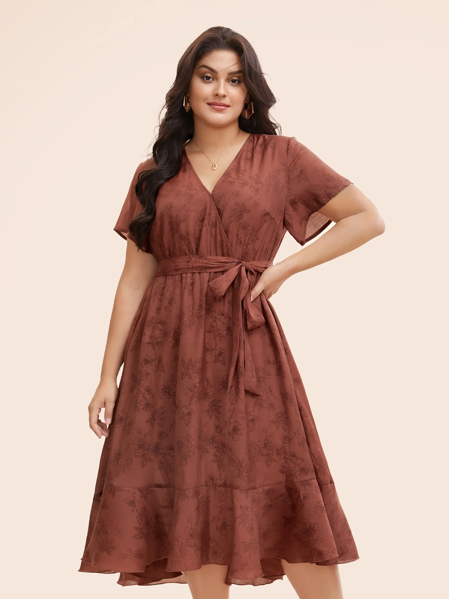 Floral Overlap Collar Ruffle Hem Dress sold by Bloomchic