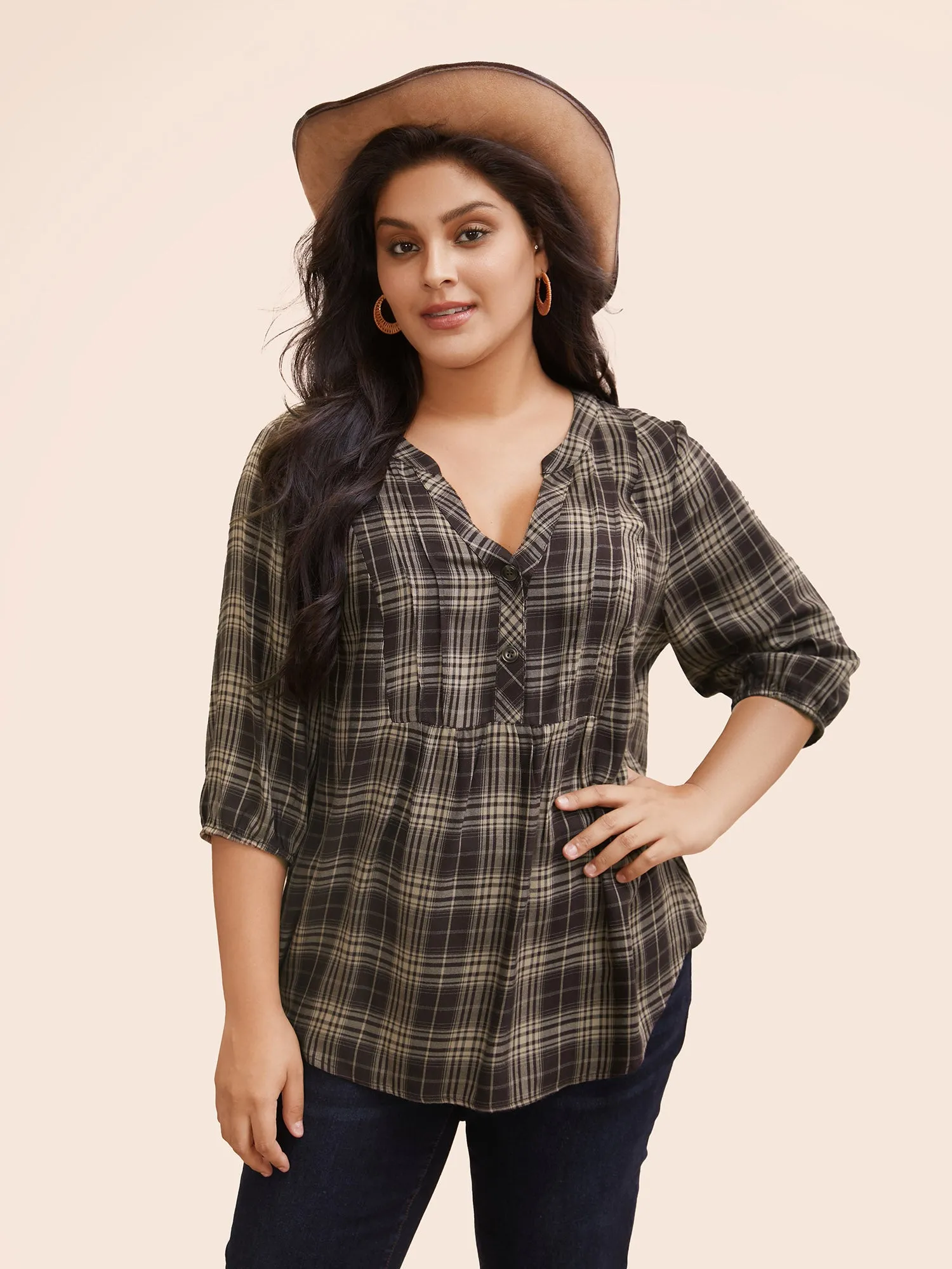 Plaid Pleated Button Placket Blouse sold by Bloomchic