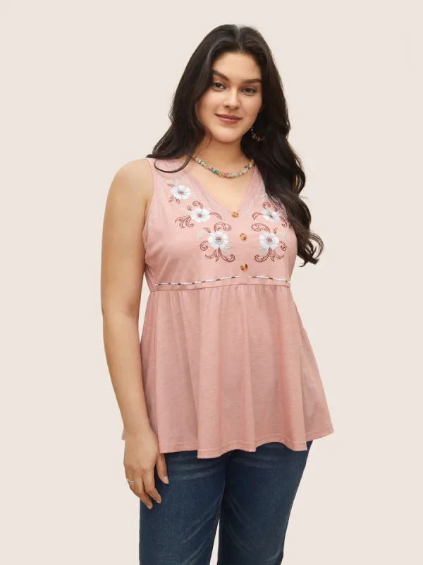 Floral Embroidered Button Detail Tank Top sold by Bloomchic
