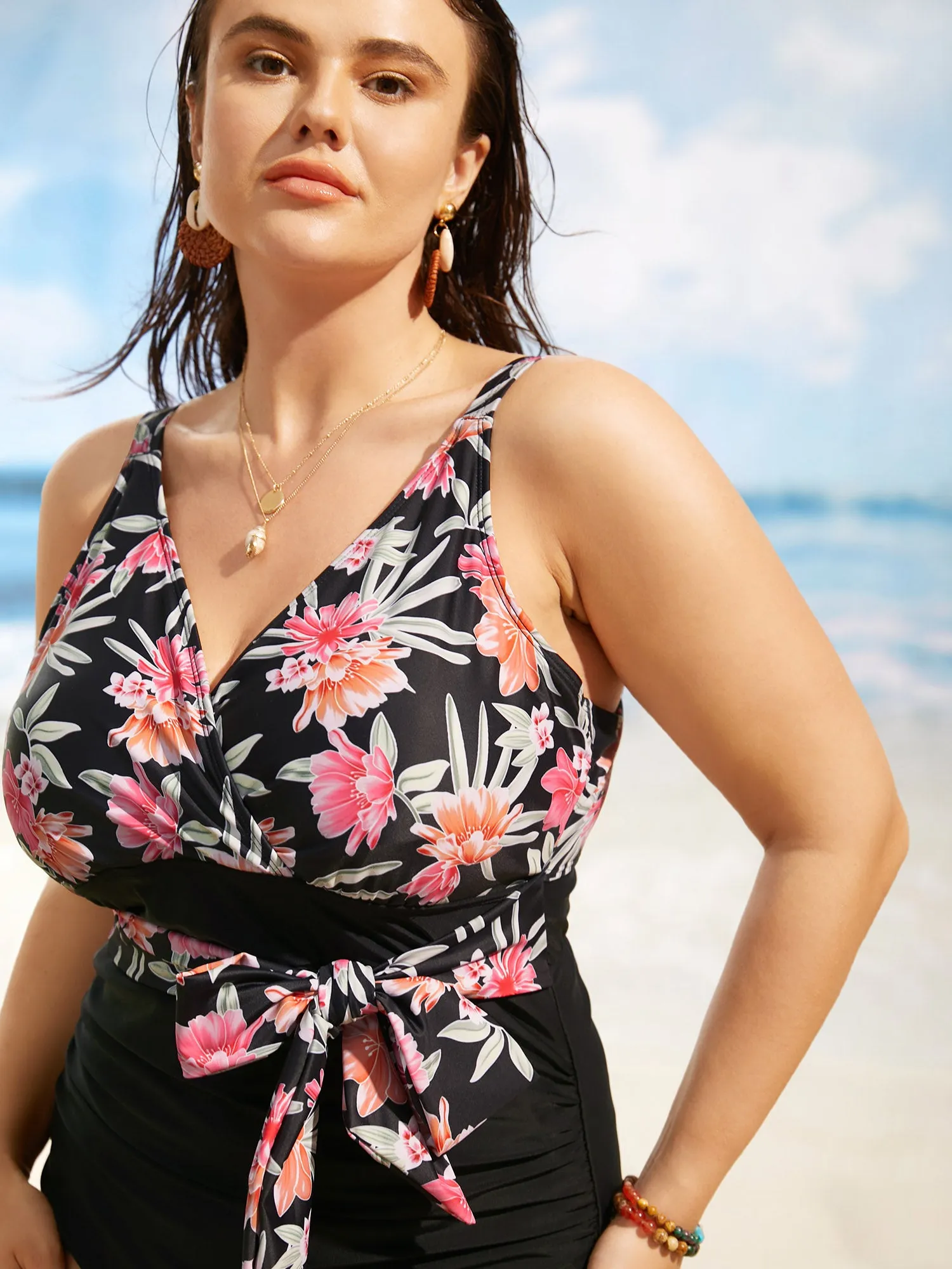 Overlap Collar Floral Patchwork Tie Knot One Piece Swimsuit sold by Bloomchic product image thumbnail 4