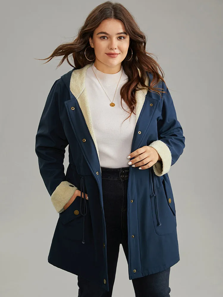 Fuzzy Trim Drawstring Button Through Coat sold by Bloomchic