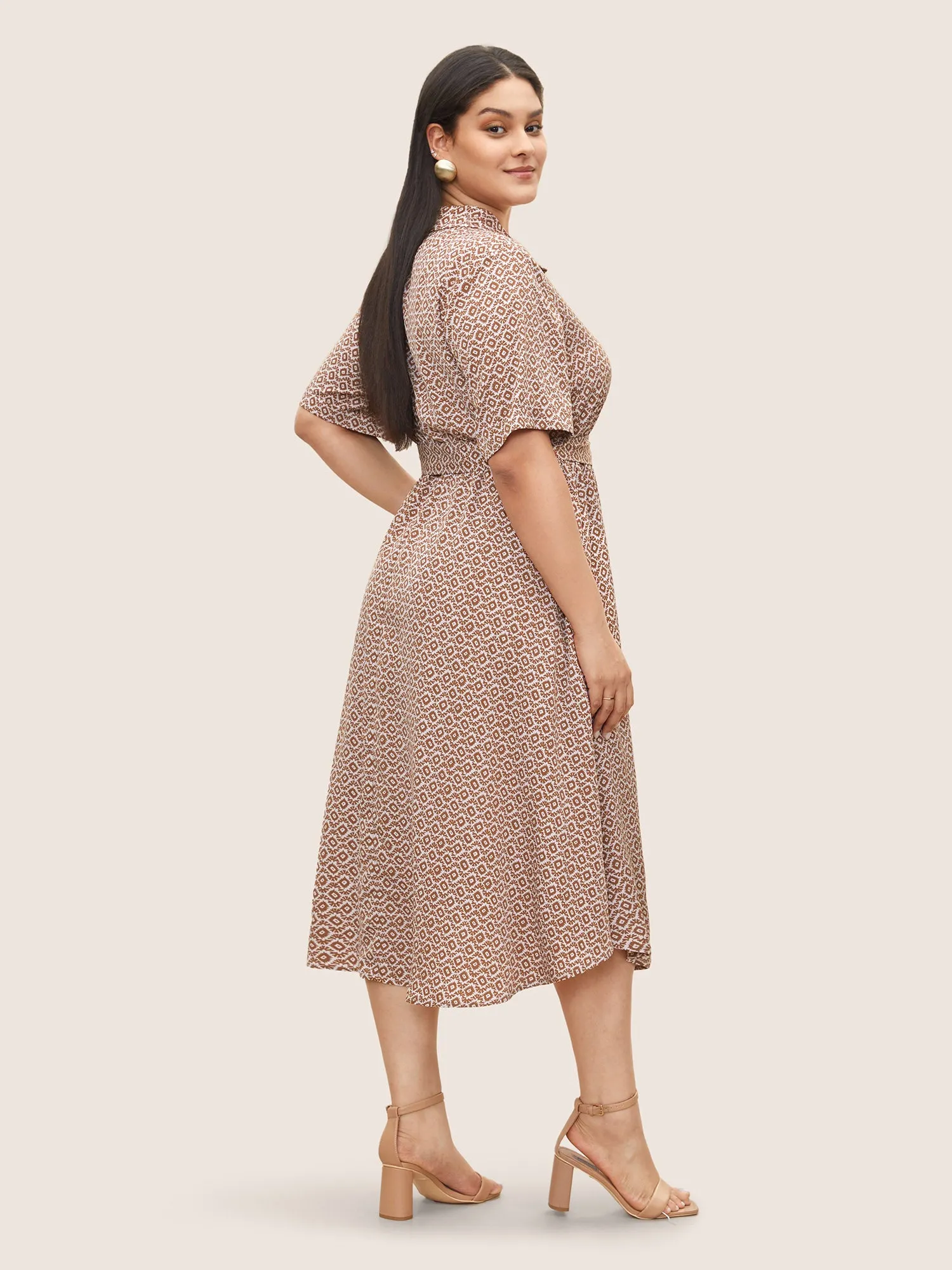 Shirt Collar Geometric Roll Sleeve Pleated Dress sold by Bloomchic product image thumbnail 4