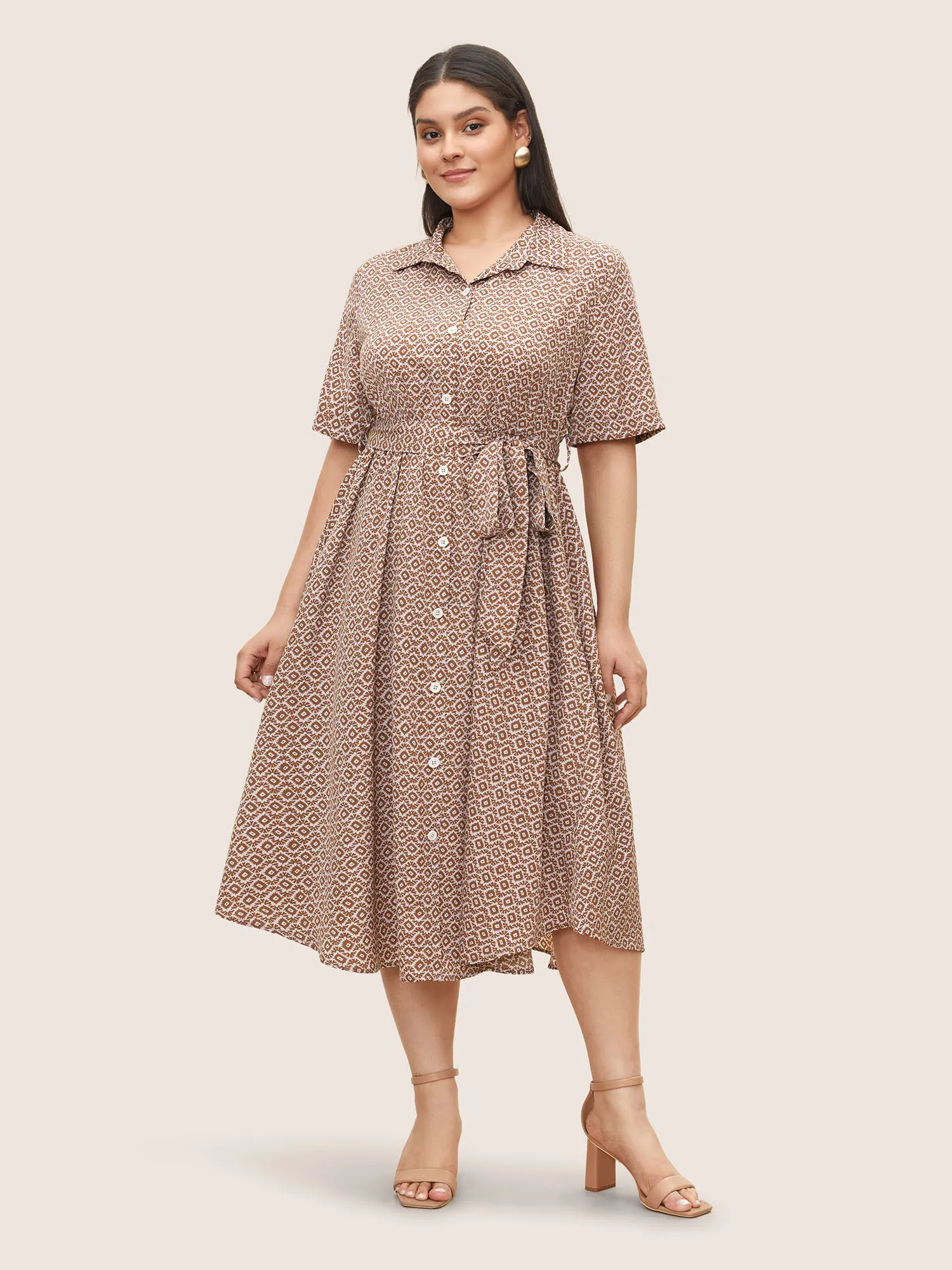 Shirt Collar Geometric Roll Sleeve Pleated Dress sold by Bloomchic product image thumbnail 3
