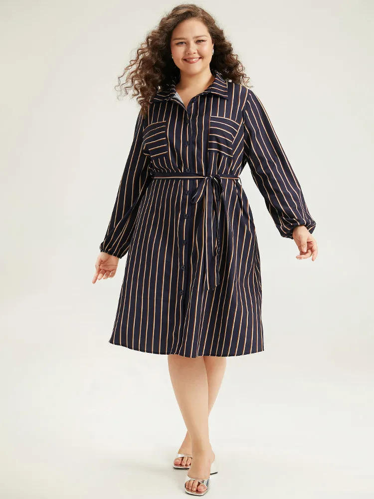 Striped Belted Lantern Sleeve Button Through Dress sold by Bloomchic