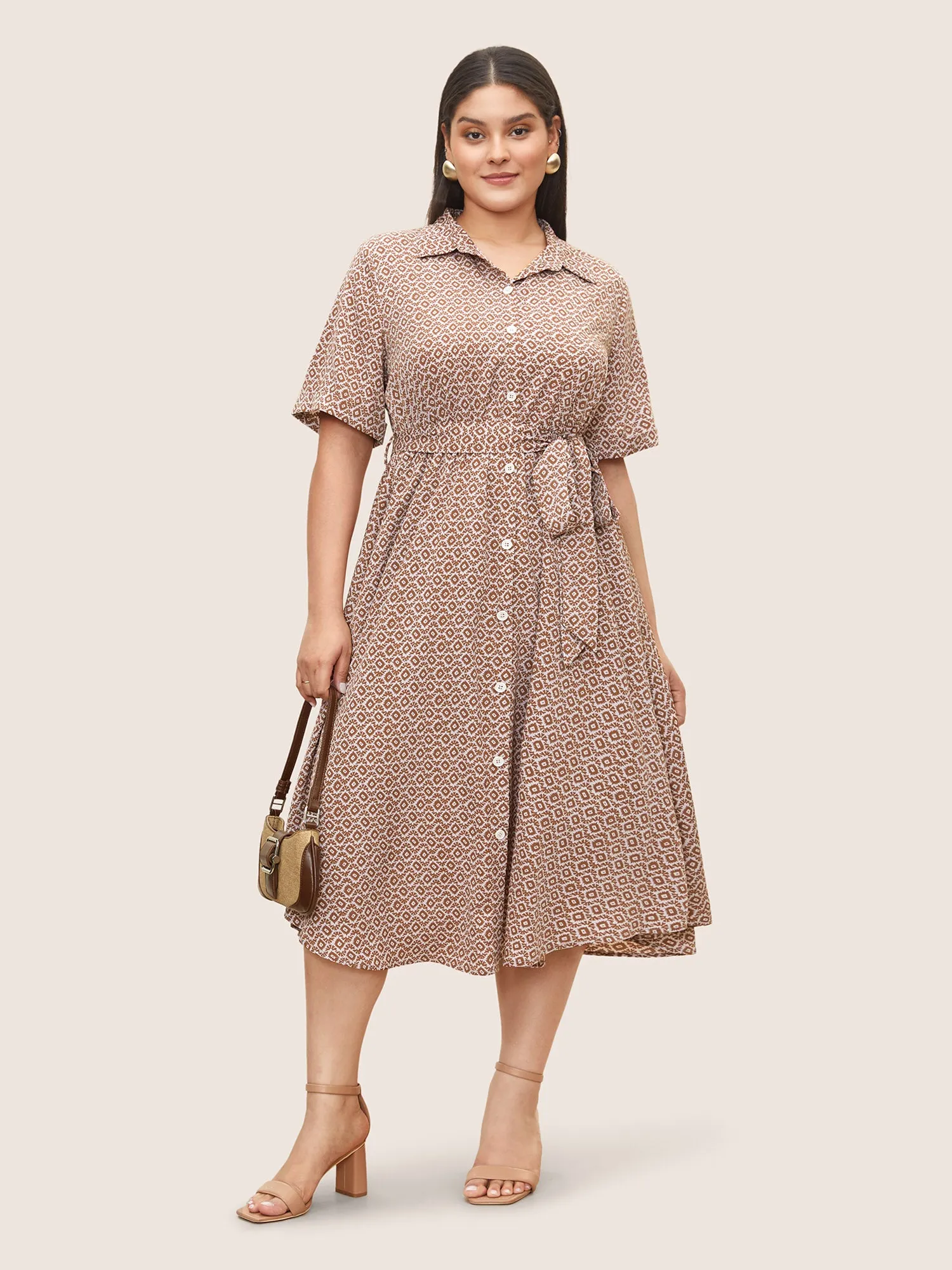 Shirt Collar Geometric Roll Sleeve Pleated Dress sold by Bloomchic