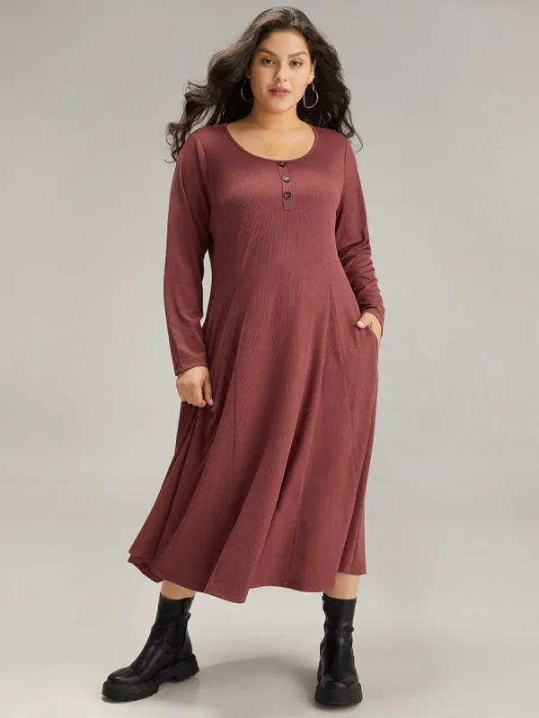 Rib Knit Solid Button Up Pocket Ruffle Hem Dress sold by Bloomchic