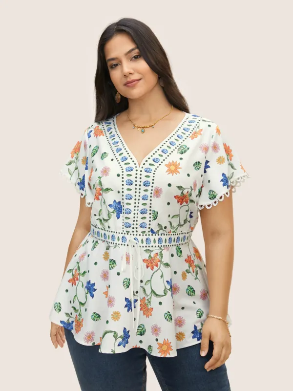Natural Flowers Print Lace Panel Tie Knot Blouse sold by Bloomchic