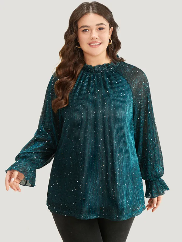 Halloween Sequin Stand Collar Rhinestone Mesh Blouse sold by Bloomchic