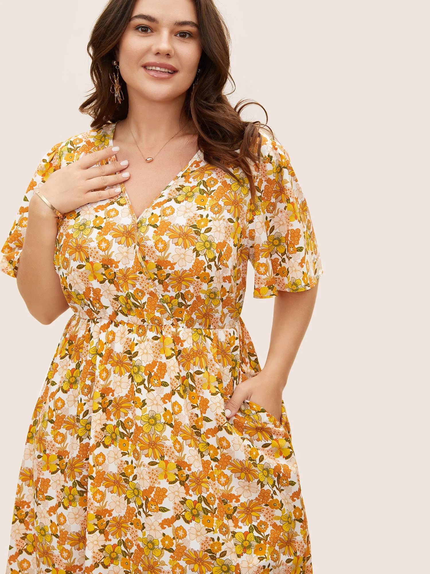 Overlap Collar Floral Elastic Waist Midi Dress sold by Bloomchic product image thumbnail 4