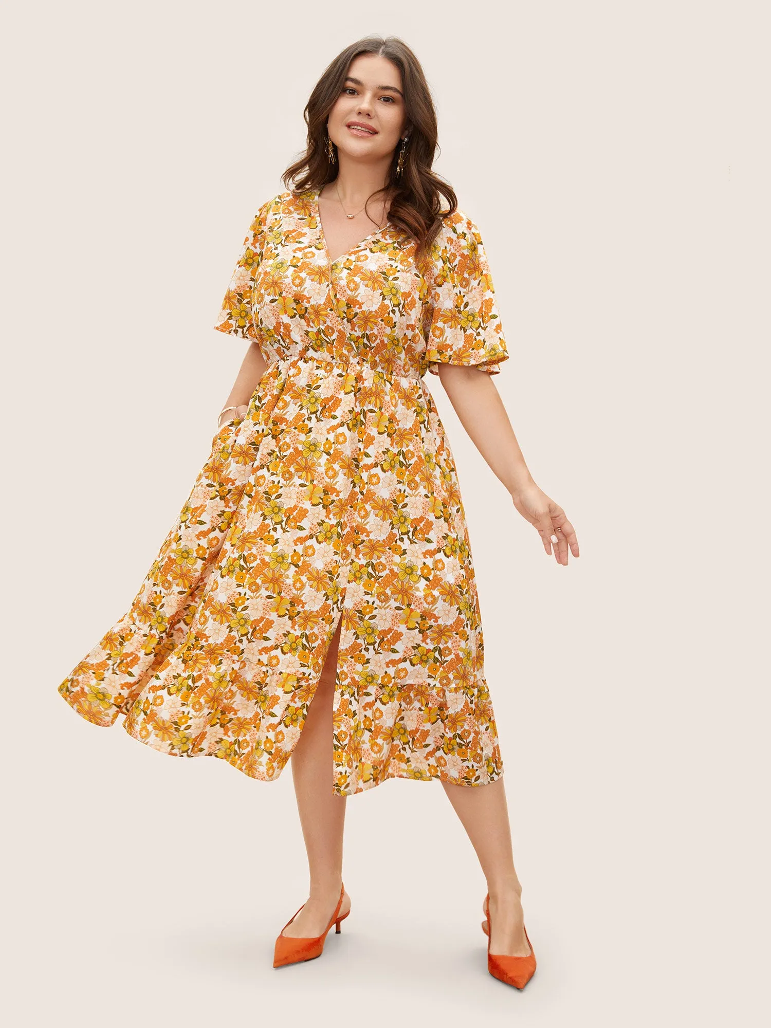 Overlap Collar Floral Elastic Waist Midi Dress sold by Bloomchic product image thumbnail 2