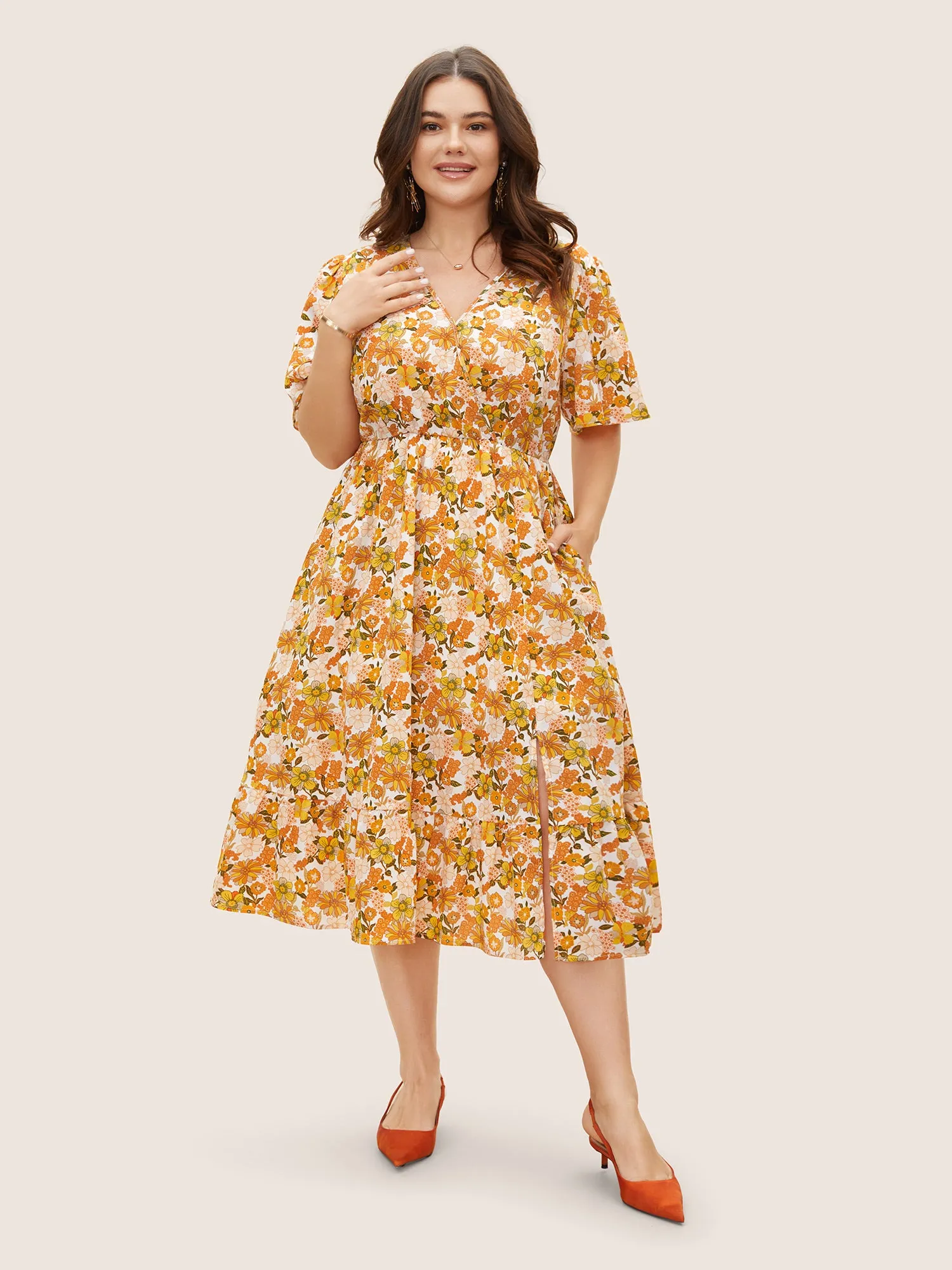 Overlap Collar Floral Elastic Waist Midi Dress sold by Bloomchic